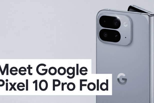 A grey Google Pixel 10 Pro Fold phone is shown partially folded, revealing its camera array and the Google ' G' logo on the back, with the text Meet Google Pixel 1 0 Pro Fold in the foreground.