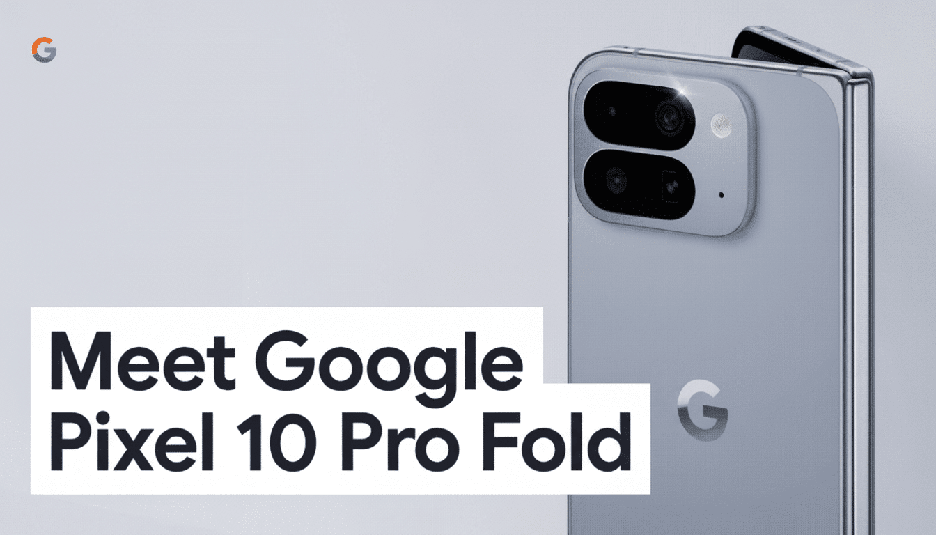 A grey Google Pixel 10 Pro Fold phone is shown partially folded, revealing its camera array and the Google ' G' logo on the back, with the text Meet Google Pixel 1 0 Pro Fold in the foreground.