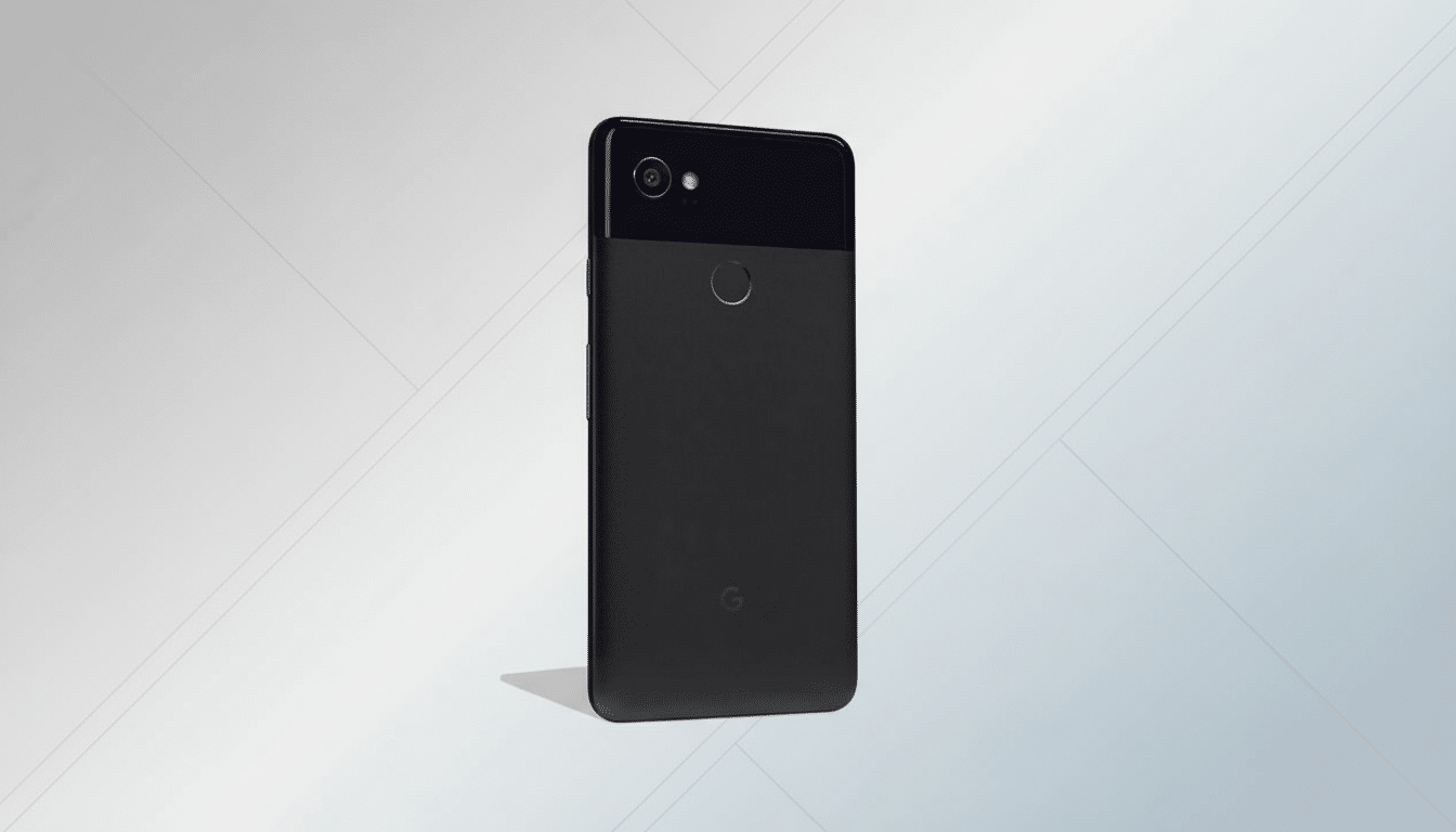 A professional , enhanced image of a black Google Pixel 2 smartphone on a clean , light gray background with subtle geometric patterns , resized to a 1 6:9 aspect ratio. Filename : google pixel2 professionalbackground .png