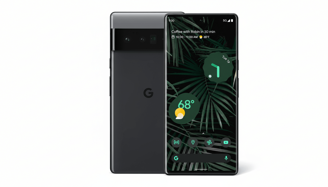 Two Google Pixel 6 Pro phones, one facing forward with a dark green leafy wallpaper and widgets , and the other showing its back with the Google G logo, presented against a clean white background.