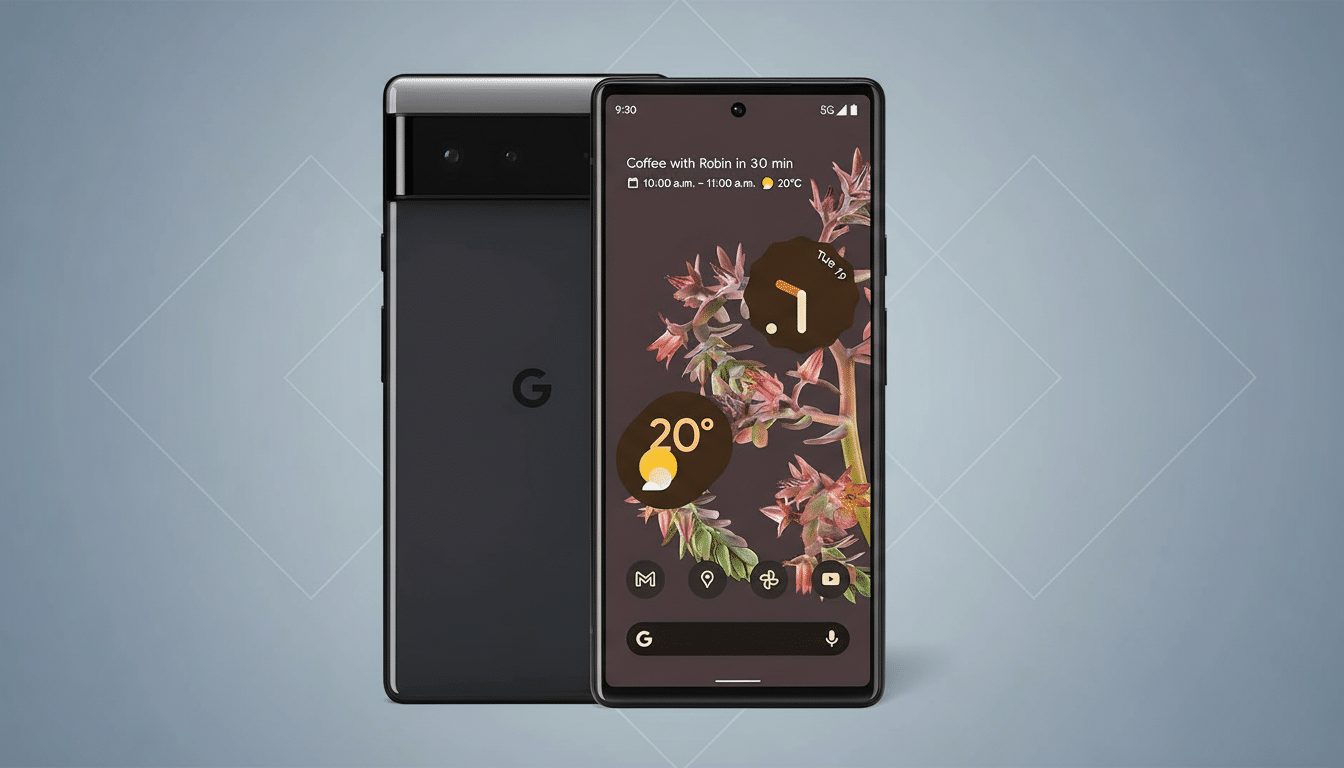 A professional shot of two Google Pixel 6 smartphones, one showing the back with the Google logo and the other displaying the home screen with a floral wallpaper and various app icons, presented on a minimalist grey background with a subtle geometric pattern.