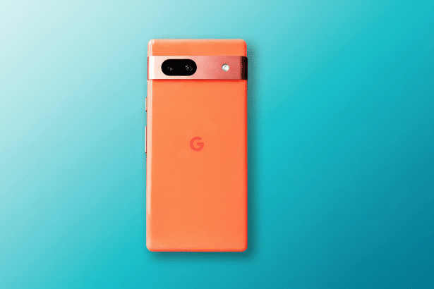 An orange Google Pixel 7 a smartphone is centered on a professional flat gradient background that transitions from light teal to dark teal, with a soft white glow emanating from the top left corner. The phone's camera bar is metallic copper .