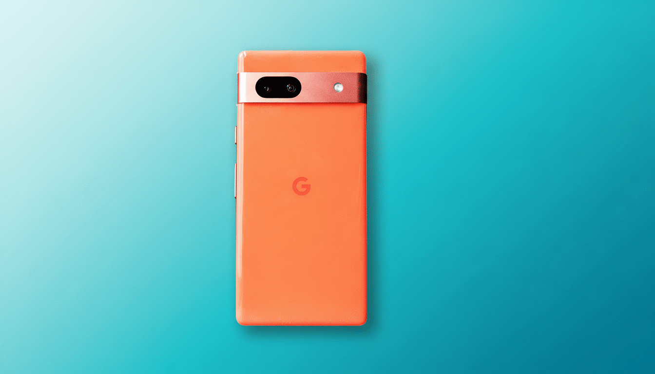 An orange Google Pixel 7 a smartphone is centered on a professional flat gradient background that transitions from light teal to dark teal, with a soft white glow emanating from the top left corner. The phone's camera bar is metallic copper .