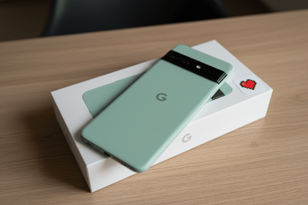 A sage green Google Pixel 7a smartphone resting on its white retail box on a wooden surface, with a small white card featuring a pixelated heart and phone icon.
