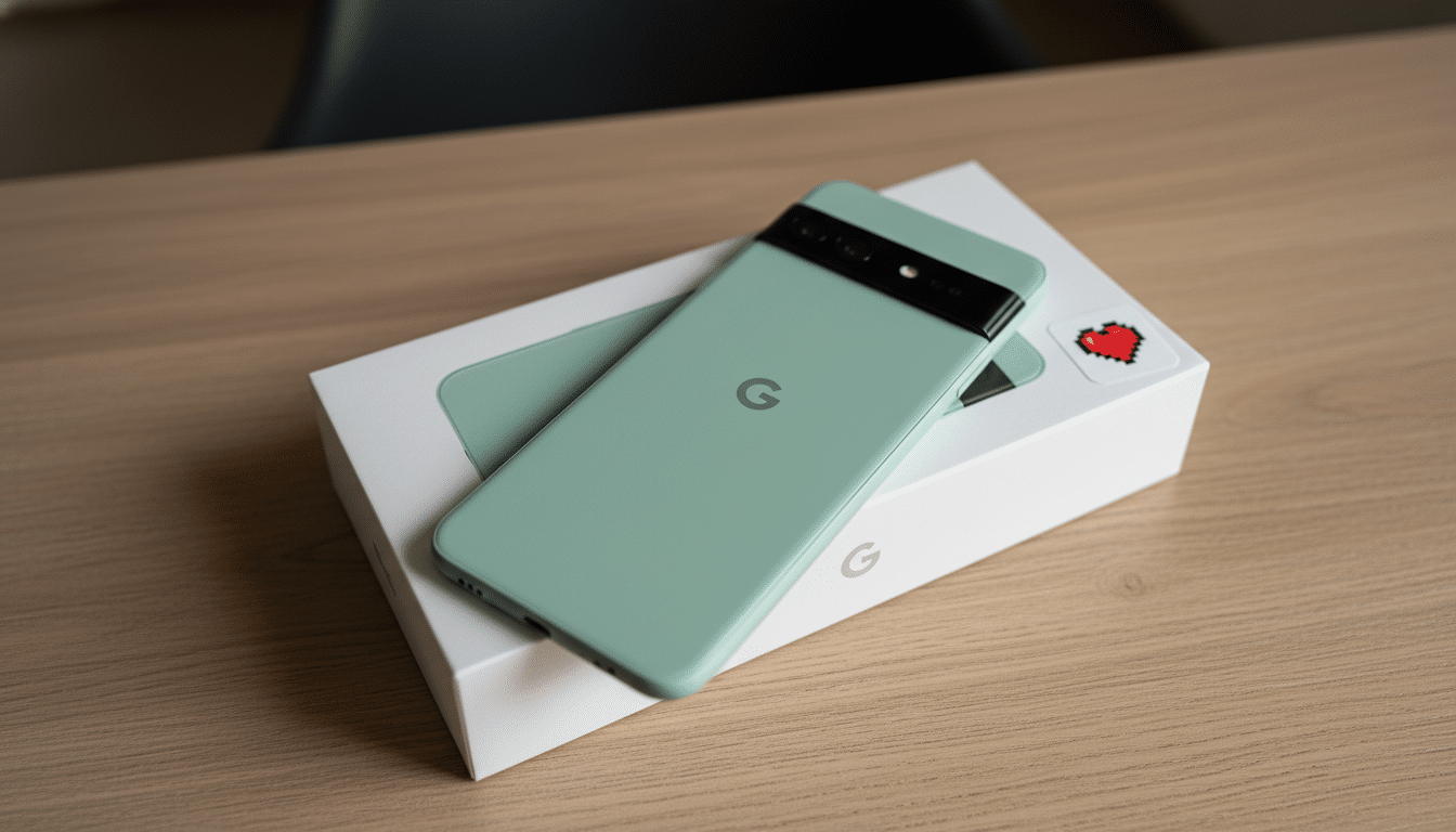 A sage green Google Pixel 7a smartphone resting on its white retail box on a wooden surface, with a small white card featuring a pixelated heart and phone icon.