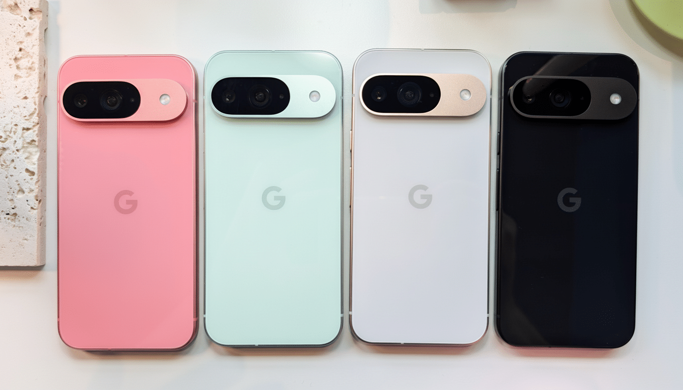 Four Google Pixel 7 smartphones in pink, light green, white, and black, arranged side- by-side on a light surface.