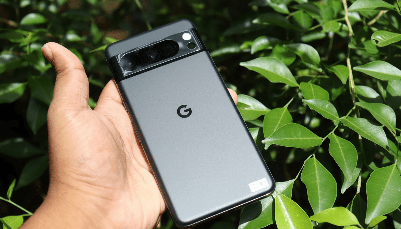 A hand holding a dark grey Google Pixel 7 Pro smartphone with the Google G logo on the back, set against a background of green leaves.