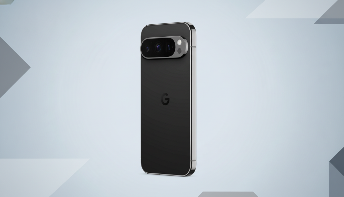 A black Google Pixel 7 Pro smartphone is shown at a slight angle, with its back facing the viewer. The phone has a distinctive camera bar across the top, and the Google G logo is centered on the back. The background is a professional flat design with soft gray and white geometric patterns.