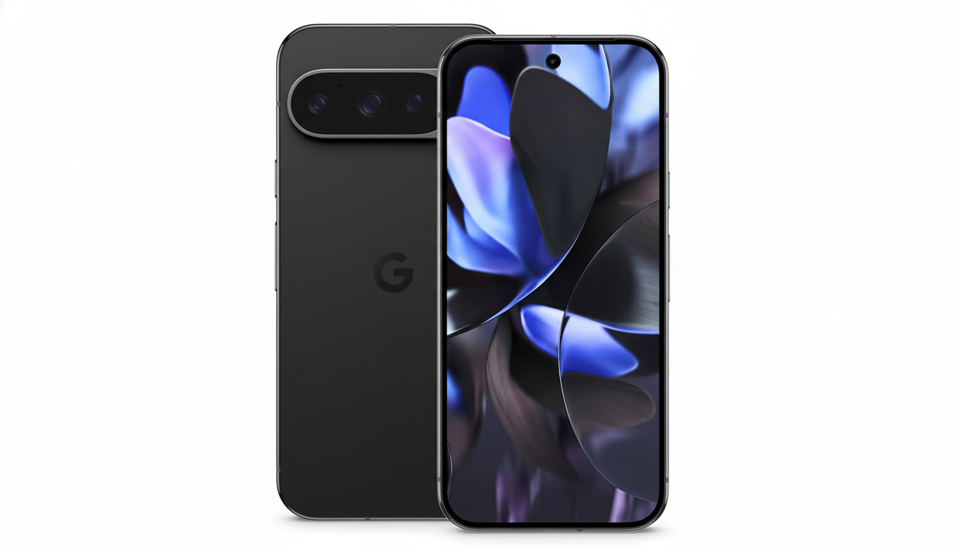A black Google Pixel smartphone with its back facing forward, displaying the Google G logo and a horizontal camera bar, is positioned behind another black Google Pixel smartphone showing a vibrant blue and black abstract wallpaper on its screen. Both phones are set against a clean white background.