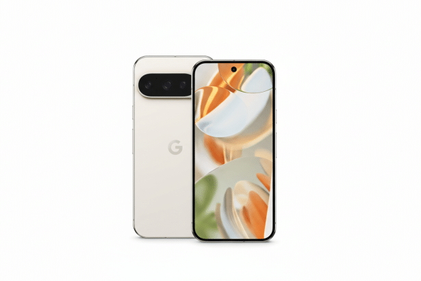 A 16:9 aspect ratio image of a white Google Pixel smartphone , showcasing both the front and back . The phone has a triple camera setup on the rear and a vibrant abstract wallpaper on the front screen, set against a clean white background.