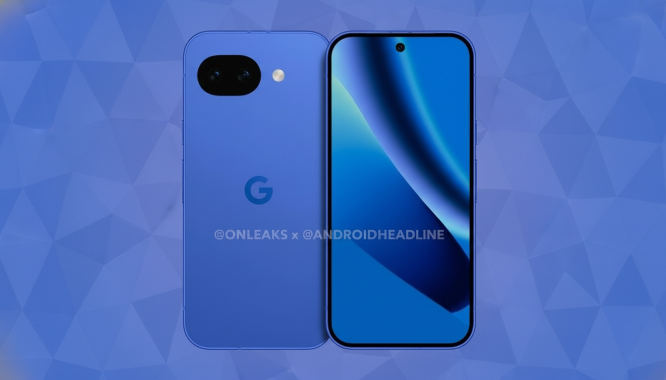 A blue smartphone, possibly a Google Pixel, is shown from the front and back against a professional flat design background with soft blue geometric patterns. The phones screen displays a blue and green abstract wallpaper, and the back features a G logo and a camera module.