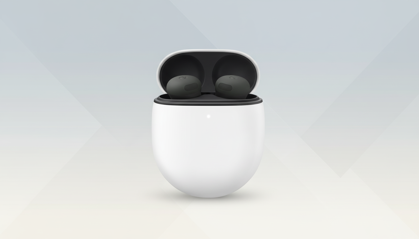 A pair of dark gray wireless earbuds in an open white charging case, set against a professional flat design background with soft gray and white gradients and subtle geometric patterns.