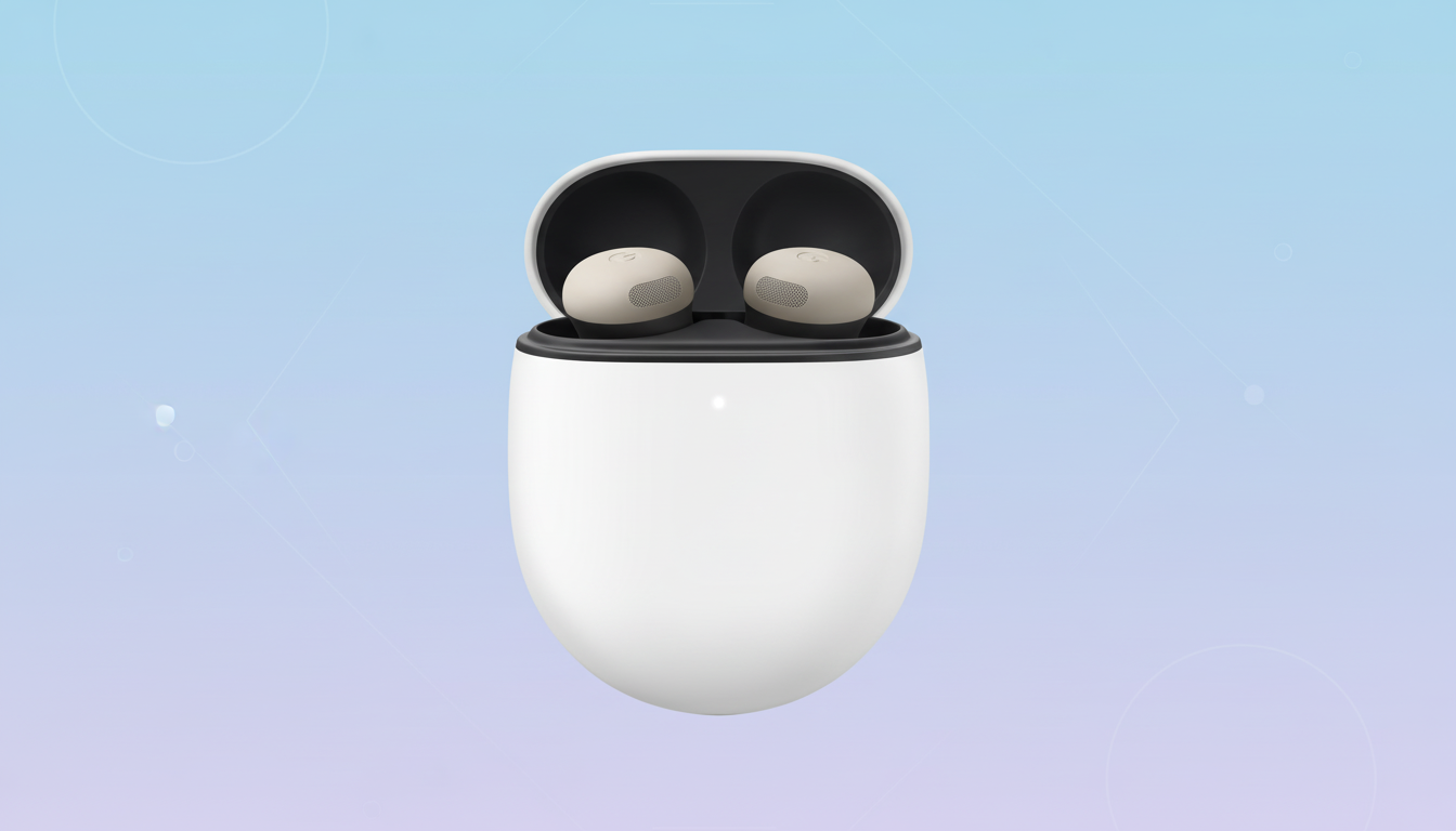 A pair of white wireless earbuds in an open charging case, set against a professional flat design background with soft blue and purple gradients and subtle geometric patterns.