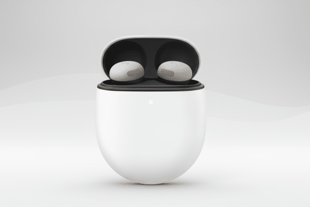 White Google Pixel Buds Pro in their open charging case, against a professional light gray background with subtle patterns. Filename : google pixelbuds procase .png