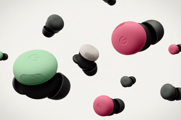 Multiple Google Pixel Buds, in various colors like green, pink, and off -white, are scattered and floating against a clean, light background.