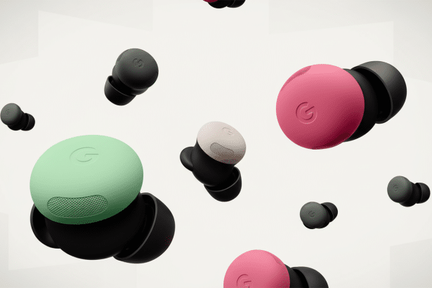Multiple Google Pixel Buds, in various colors like pink , green, and off -white, are scattered and floating against a clean , light background .