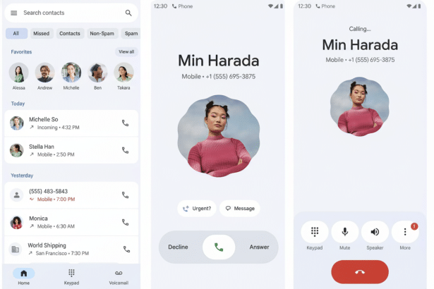 A professional enhancement of the Google Phone app interface, resized to a 16: 9 aspect ratio. The image displays three screens: a contacts list, an i