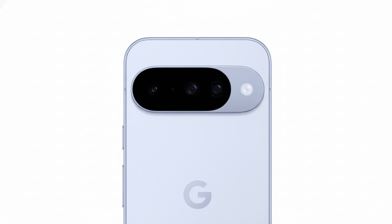 A close -up shot of the top rear of a light blue Google Pixel smartphone, showcasing the horizontal camera bar with three lenses and a flash, and the
