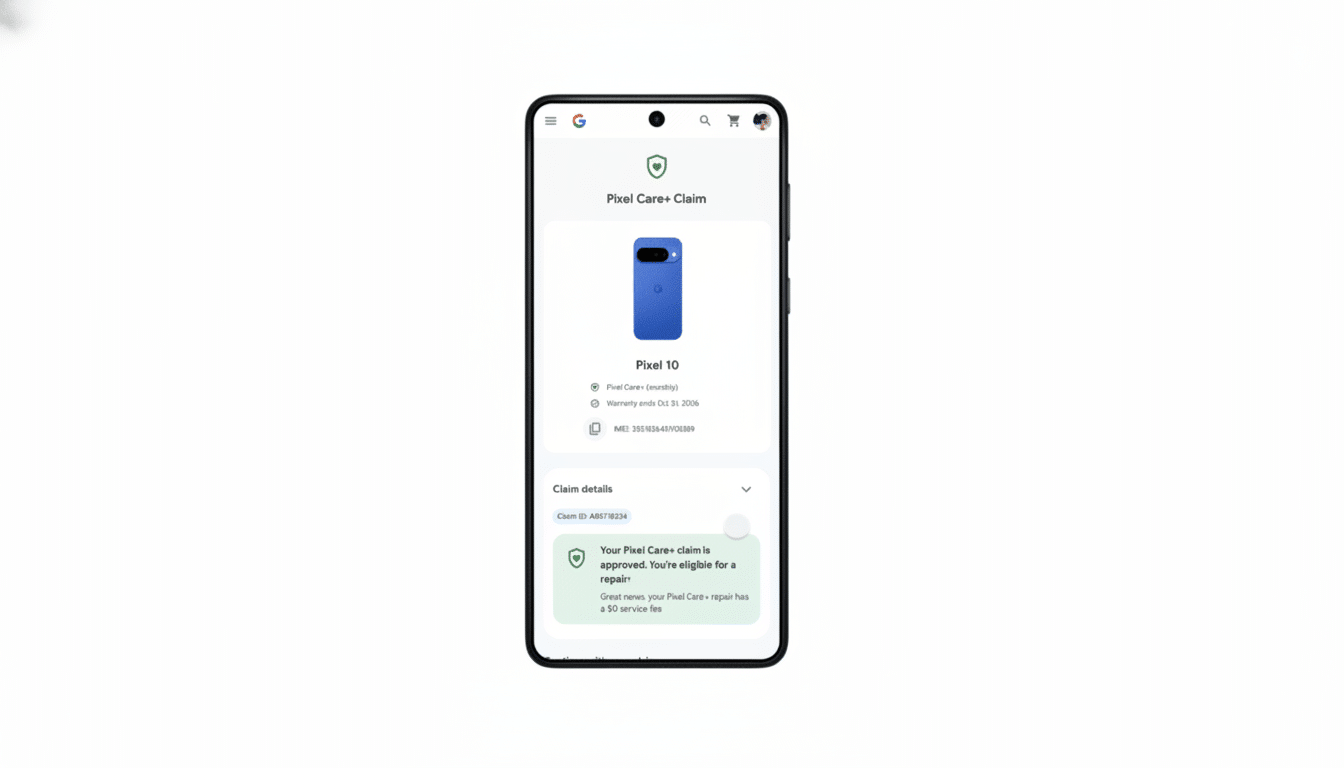 A Google Pixel 10 phone displaying a Pixel Care+ claim approval on its screen.