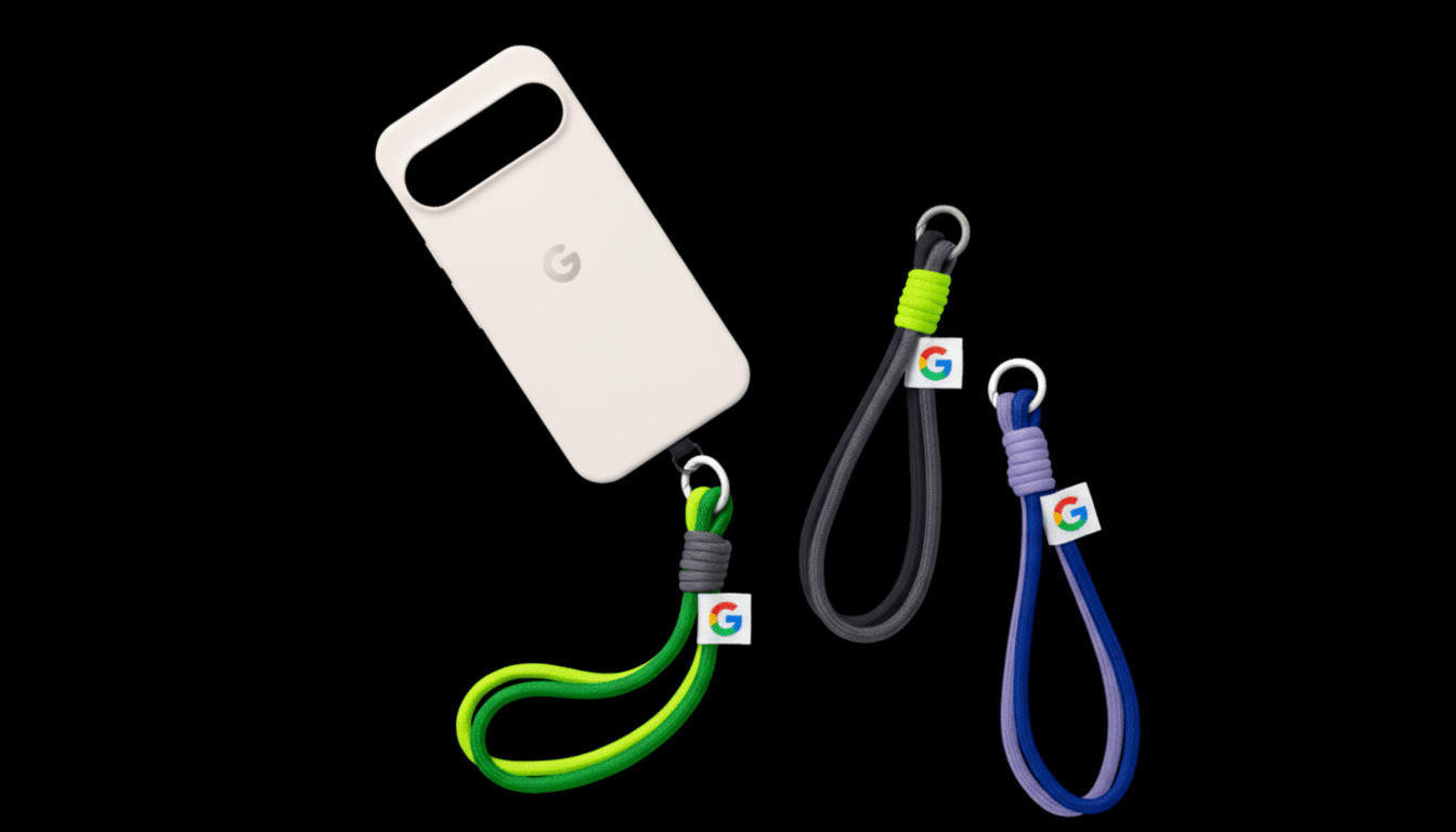 Google Pixel phone case and three braided l anyards in green , grey , and purple, each with a Google ' G' logo.