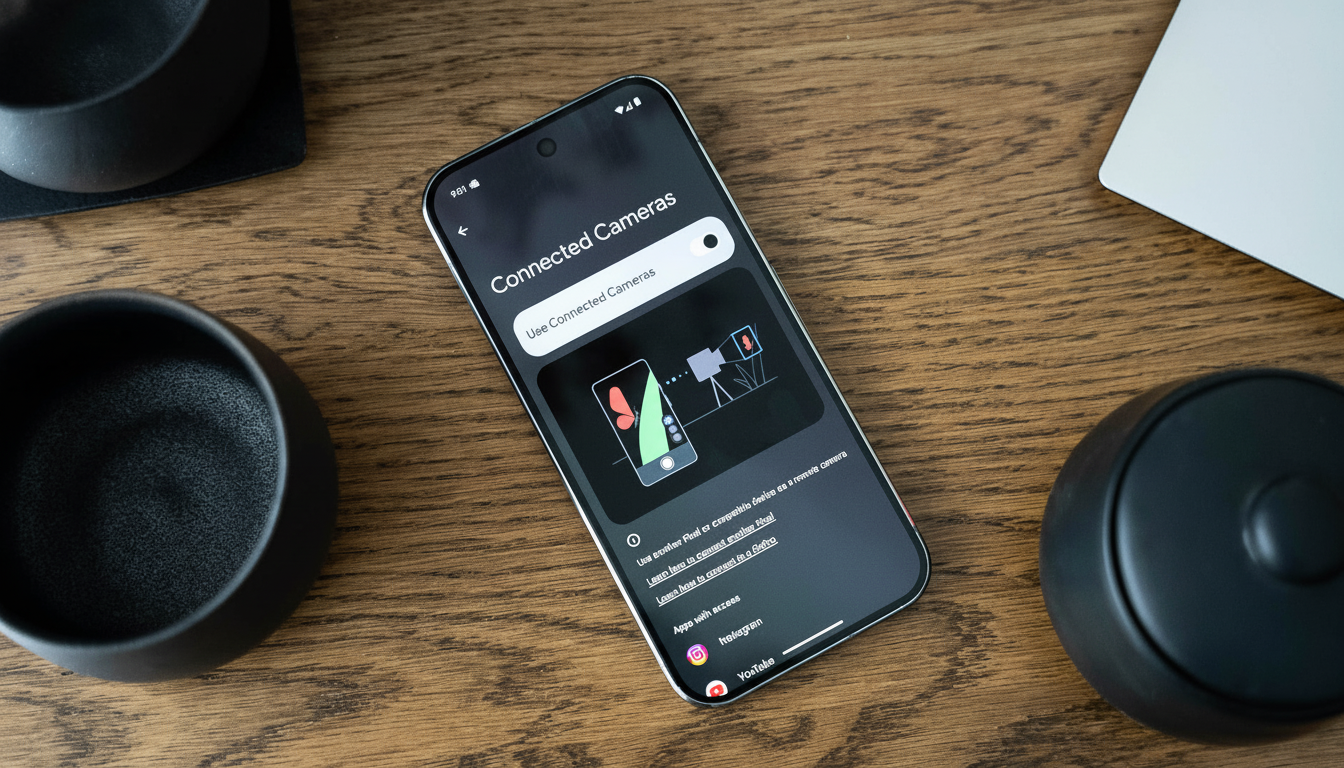 A Google Pixel phone displaying the Connected Cameras  settings screen , with options for using connected cameras and apps with access, set against a wooden desk background. Filename : google pixelconnected cameras.png