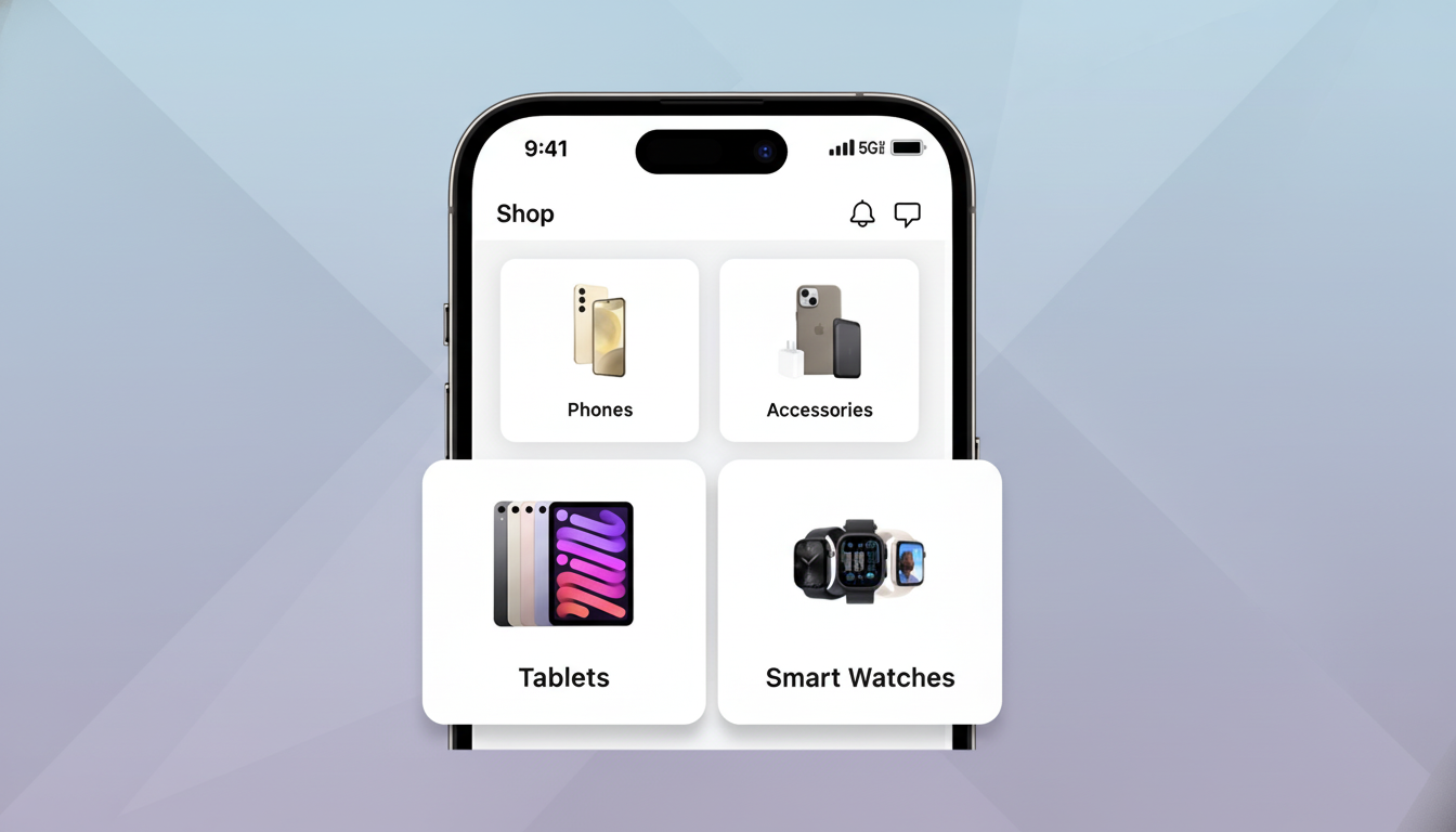 A smartphone screen displaying a shopping app interface with categories for Phones, Accessories, Tablets, and Smart Watches, set against a soft, gradient background.