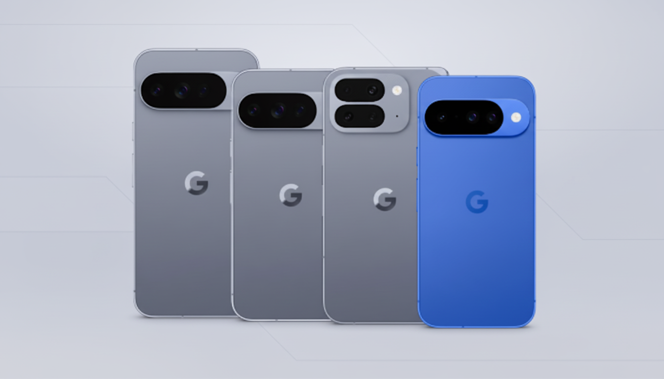 Four Google Pixel phones, three gray and one blue, displayed in a row against a light gray background.