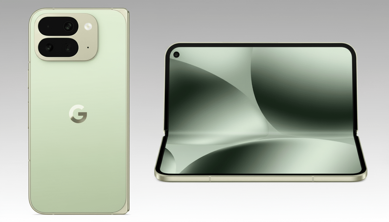 A 16:9 aspect ratio image featuring a mint green Google Pixel smartphone and a folded Google Pixel Fold device on a soft gradient background. Filename : google pixelfold and phone professional .png