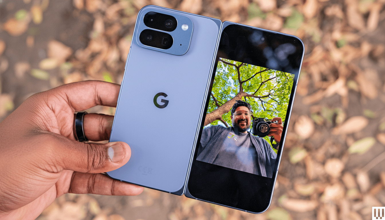 A hand holds a light blue Google Pixel Fold phone , with the screen displaying a selfie of a man holding a camera. The phone is open and positioned over a background of fallen leaves. Filename : google pixelfold leaves background .png