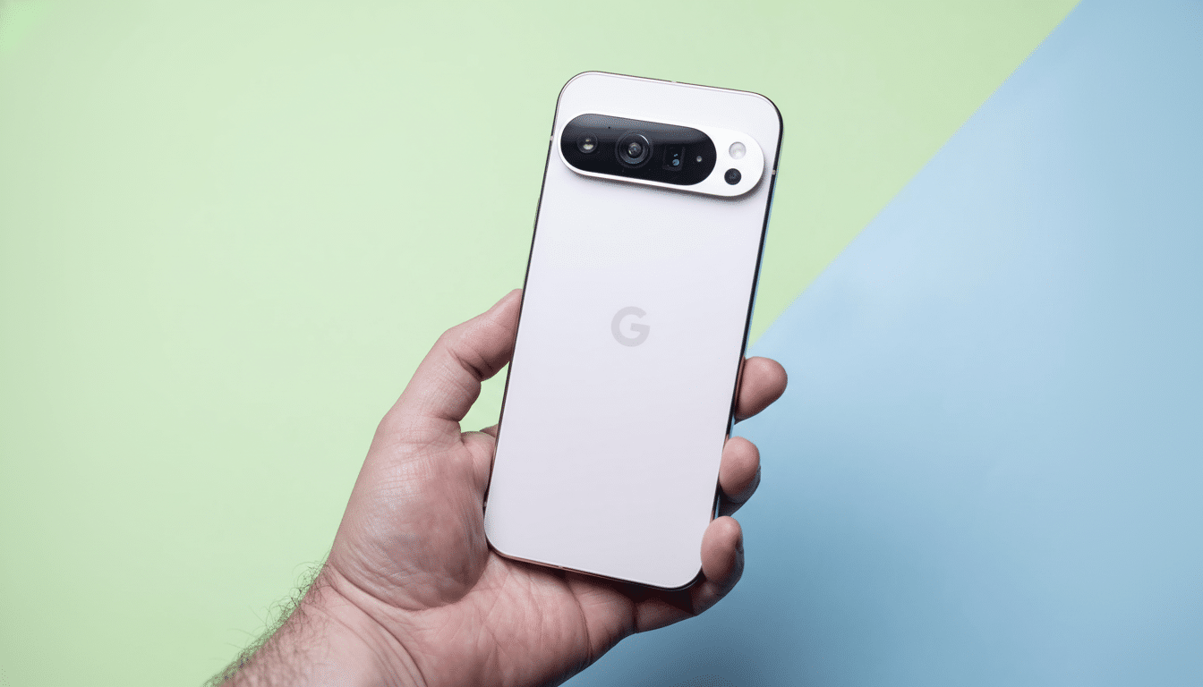 A hand holding a white Google Pixel smartphone with a prominent camera bar, set against a split green and blue background.