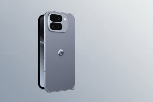 A gray Google Pixel phone is shown from a slightly angled rear view, with its screen subtly visible from the side . It has a dual -camera setup and the Google ' G' logo on the back. The background is a professional flat design with a soft gray gradient and a subtle honeycomb pattern.