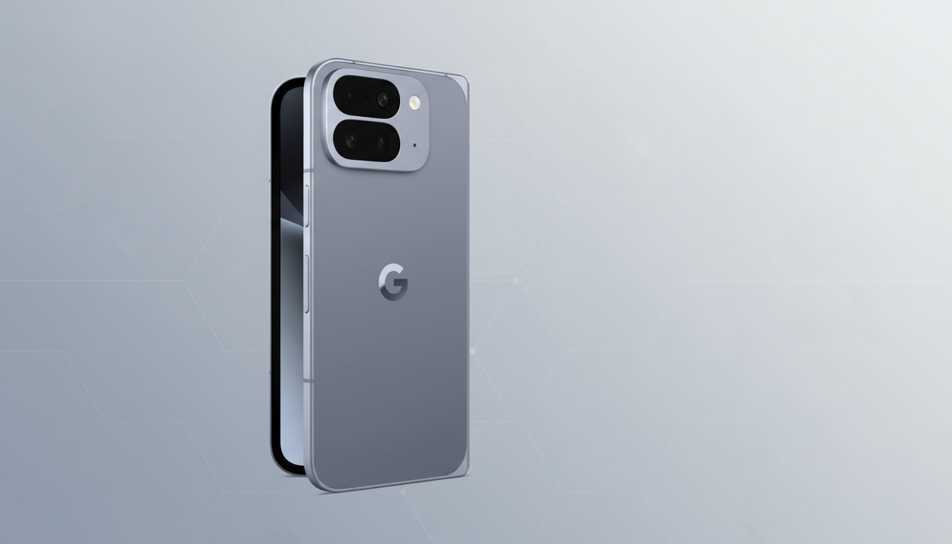 A gray Google Pixel phone is shown from a slightly angled rear view, with its screen subtly visible from the side . It has a dual -camera setup and the Google ' G' logo on the back. The background is a professional flat design with a soft gray gradient and a subtle honeycomb pattern.
