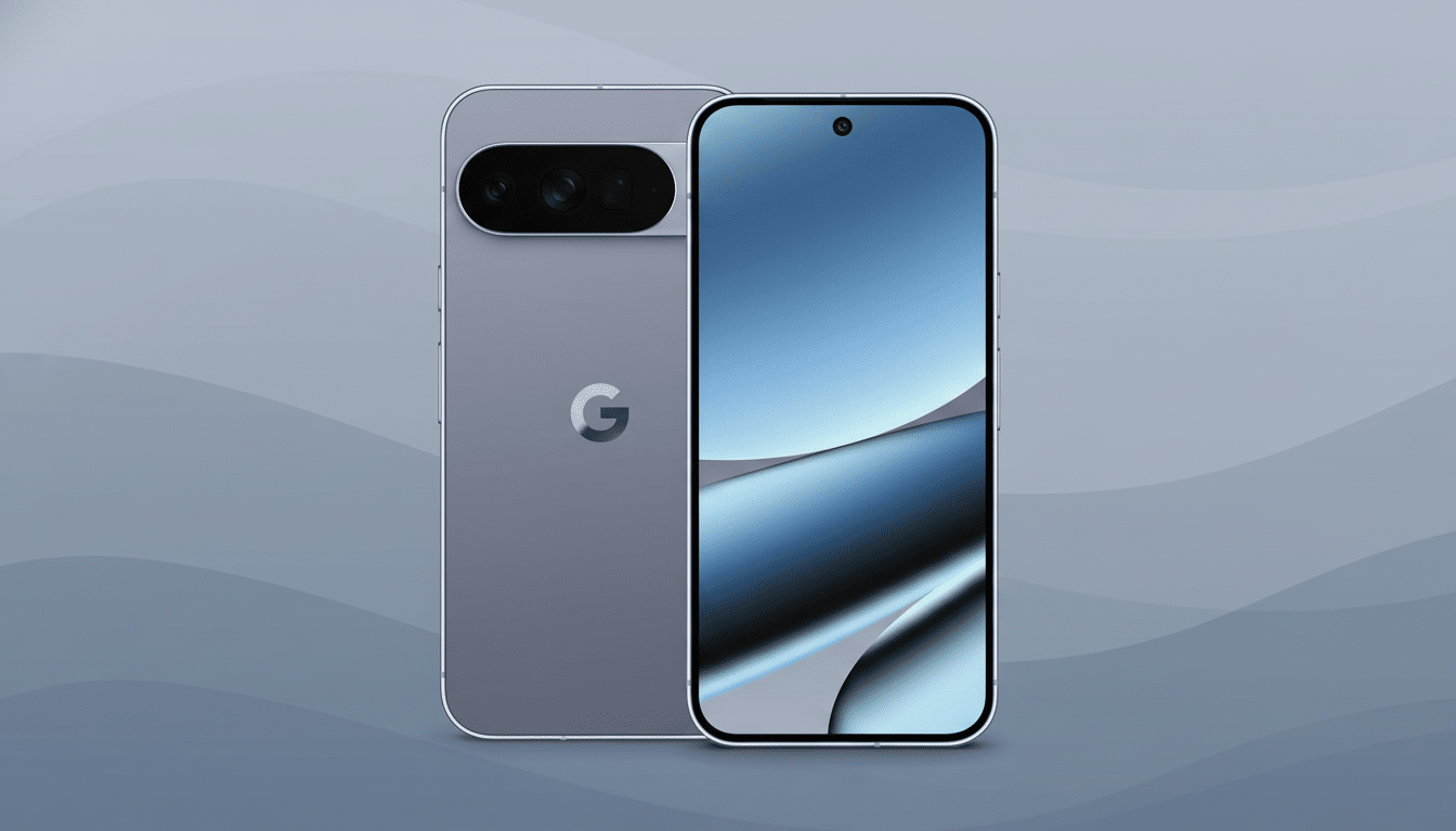 A front and back view of a grey Google Pixel phone with a professional flat design background.