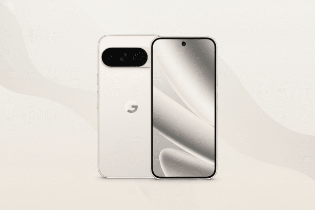 A white Google Pixel smartphone , shown from both the front and back, with a clean and professional cream -colored background featuring subtle wavy patterns. Filename : google pixelphone professional.png