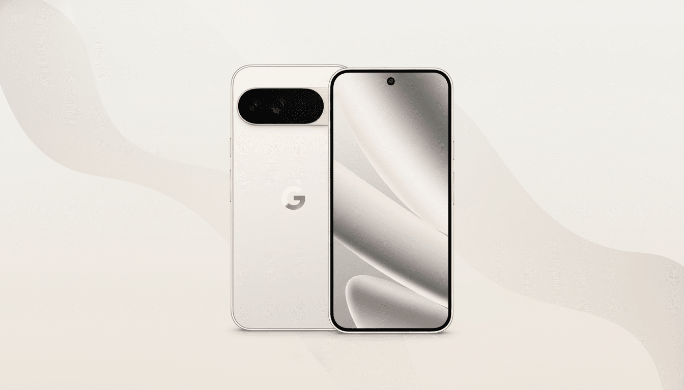 A white Google Pixel smartphone , shown from both the front and back, with a clean and professional cream -colored background featuring subtle wavy patterns. Filename : google pixelphone professional.png