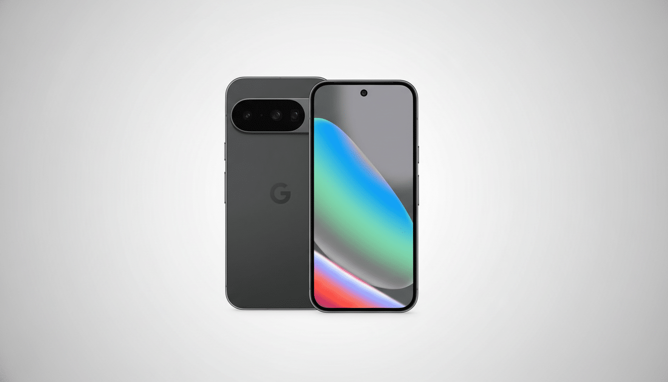 A dark gray Google Pixel phone with the back facing the viewer and another dark gray Google Pixel phone with the screen facing the viewer, both set against a light gray gradient background. Filename : google pixelphone render .png