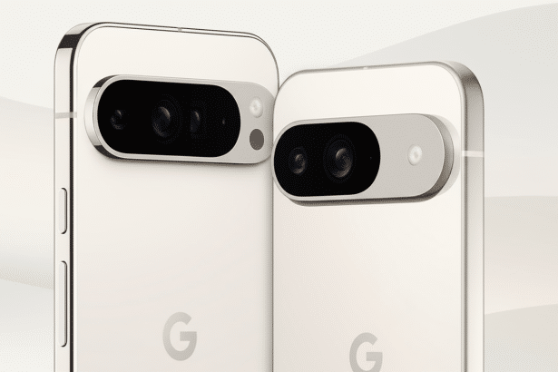 Two Google Pixel phones, possibly Pixel 7 and Pixel 7 Pro, shown from the back with their camera bars visible. The phone on the left is slightly large