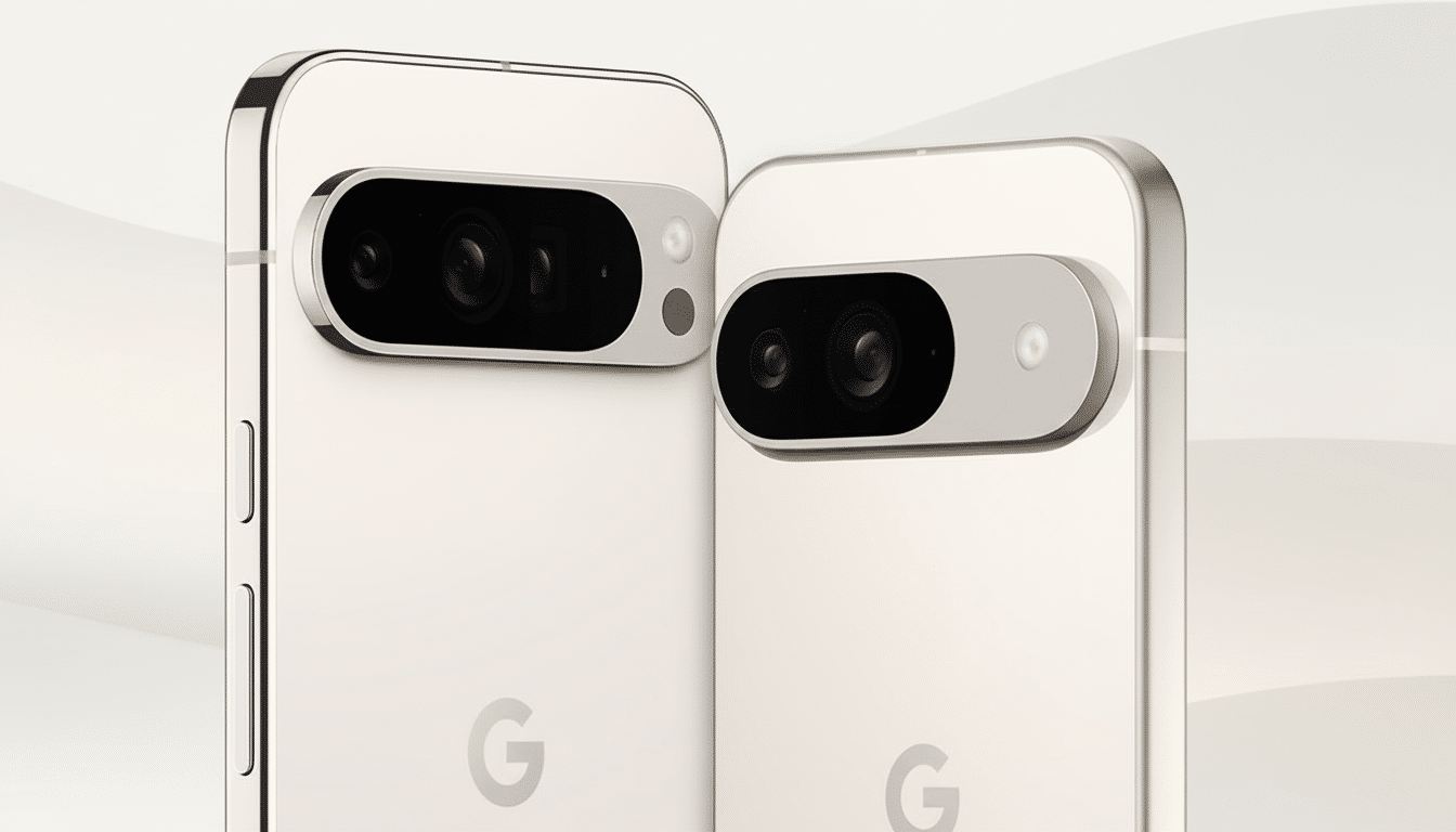 Two Google Pixel phones, possibly Pixel 7 and Pixel 7 Pro, shown from the back with their camera bars visible. The phone on the left is slightly large