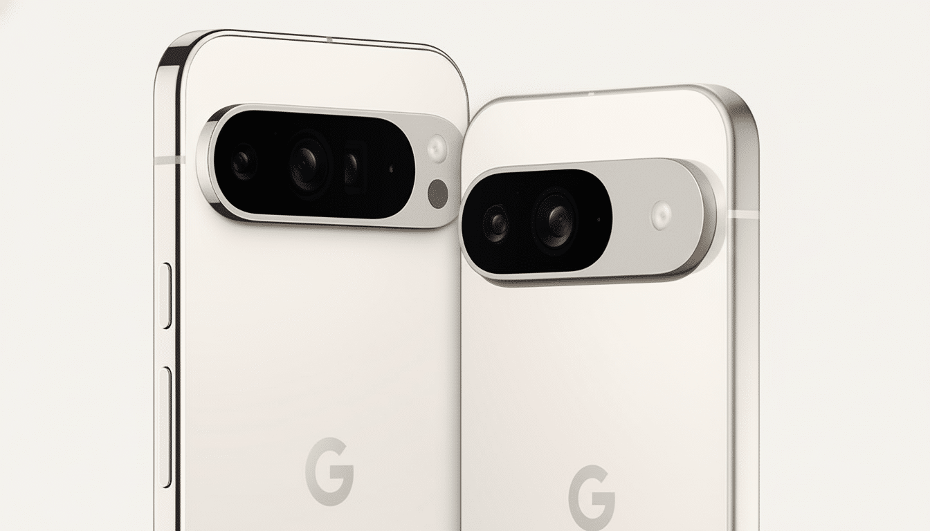 Two Google Pixel phones, possibly Pixel 7 and Pixel 7 Pro , shown from the back with their camera bars visible. The phone on the left is slightly larger and closer to the viewer.
