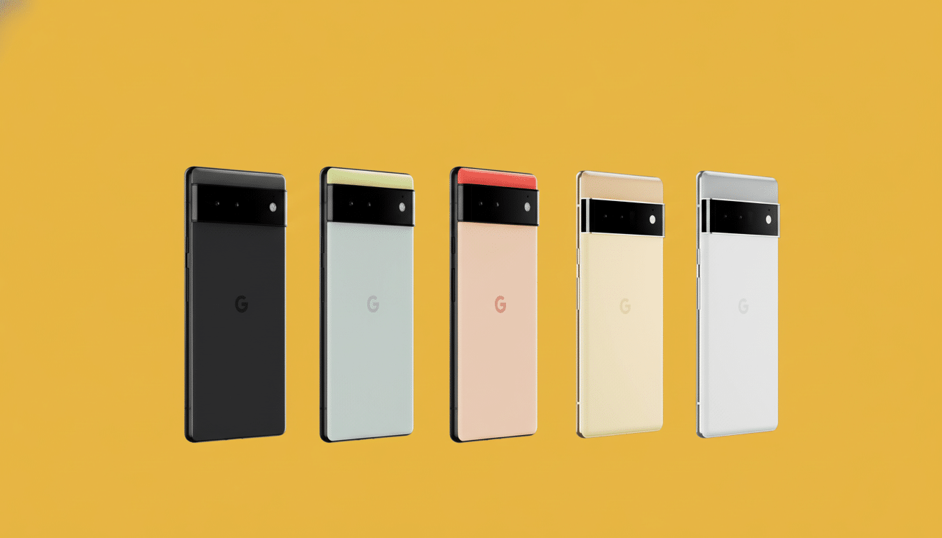 A professional shot of five Google Pixel phones in various colors ( black, light green, peach , gold, and white) arranged horizontally on an orange background, showcasing their rear design.
