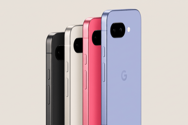 Four Google Pixel phones in black, light gold, pink, and light purple, angled to show their backs and sides against a plain background.