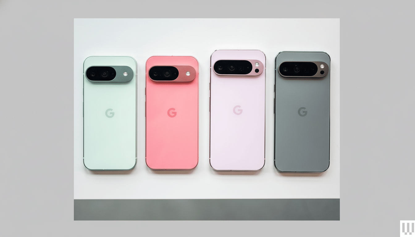 Four Google Pixel phones, in light green, pink, light purple, and dark grey, arranged in a row on a white surface with a grey border.
