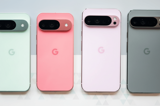 Four Google Pixel phones in mint green , coral pink, light pink , and dark gray , arranged side by side on a white surface, with their camera bars visible.