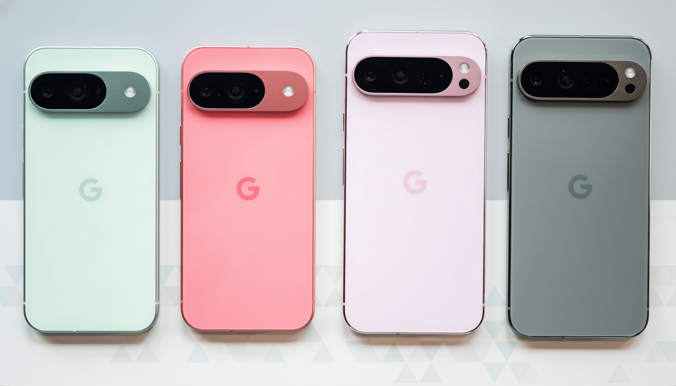 Four Google Pixel phones in mint green , coral pink, light pink , and dark gray , arranged side by side on a white surface, with their camera bars visible.