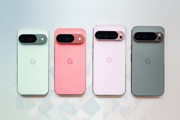 Four Google Pixel phones, in light green, coral , light pink, and dark grey, arranged in a row with a soft gradient background. Filename : google pixelphones gradient background.png