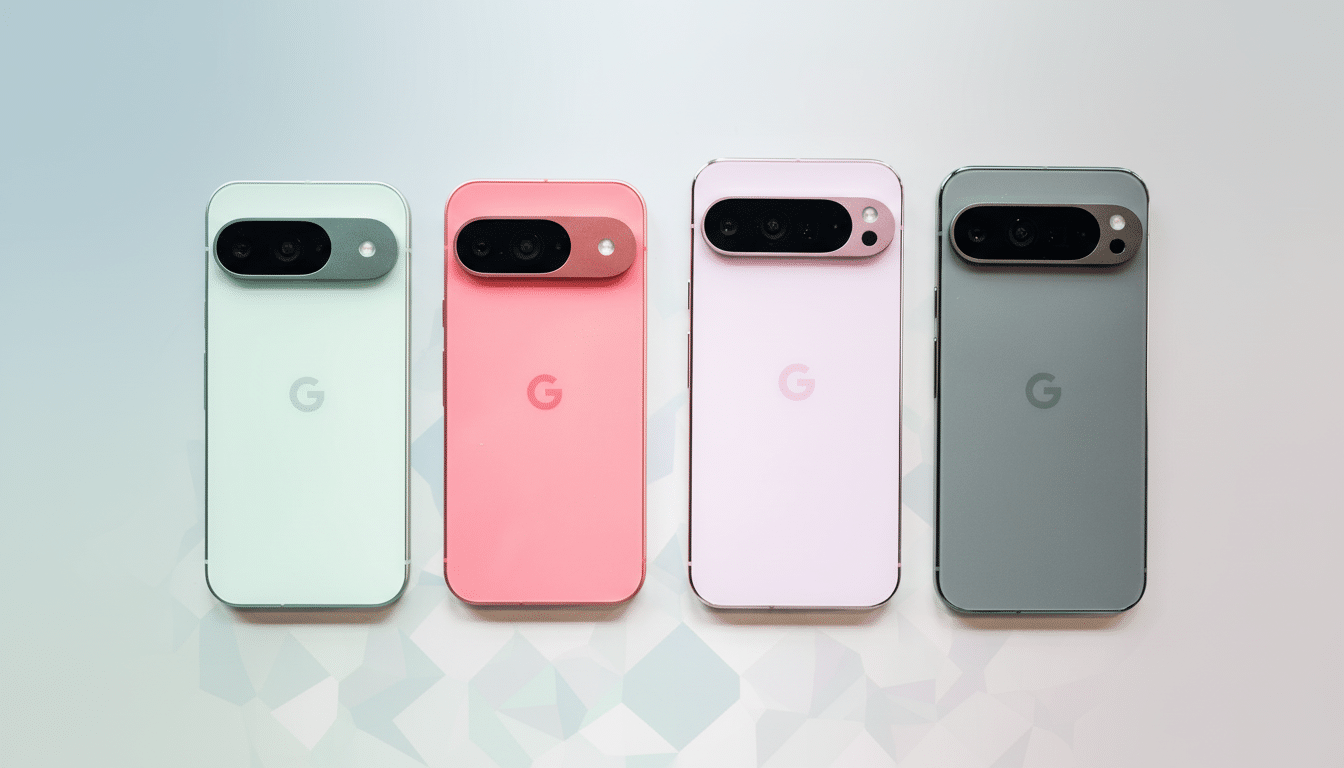Four Google Pixel phones, in light green, coral , light pink, and dark grey, arranged in a row with a soft gradient background. Filename : google pixelphones gradient background.png