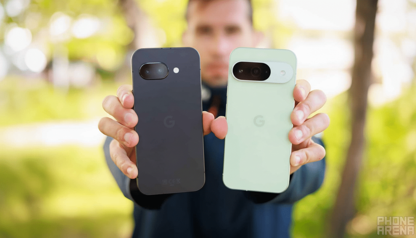 A person holding two Google Pixel phones, one dark grey and one light green, towards the camera.
