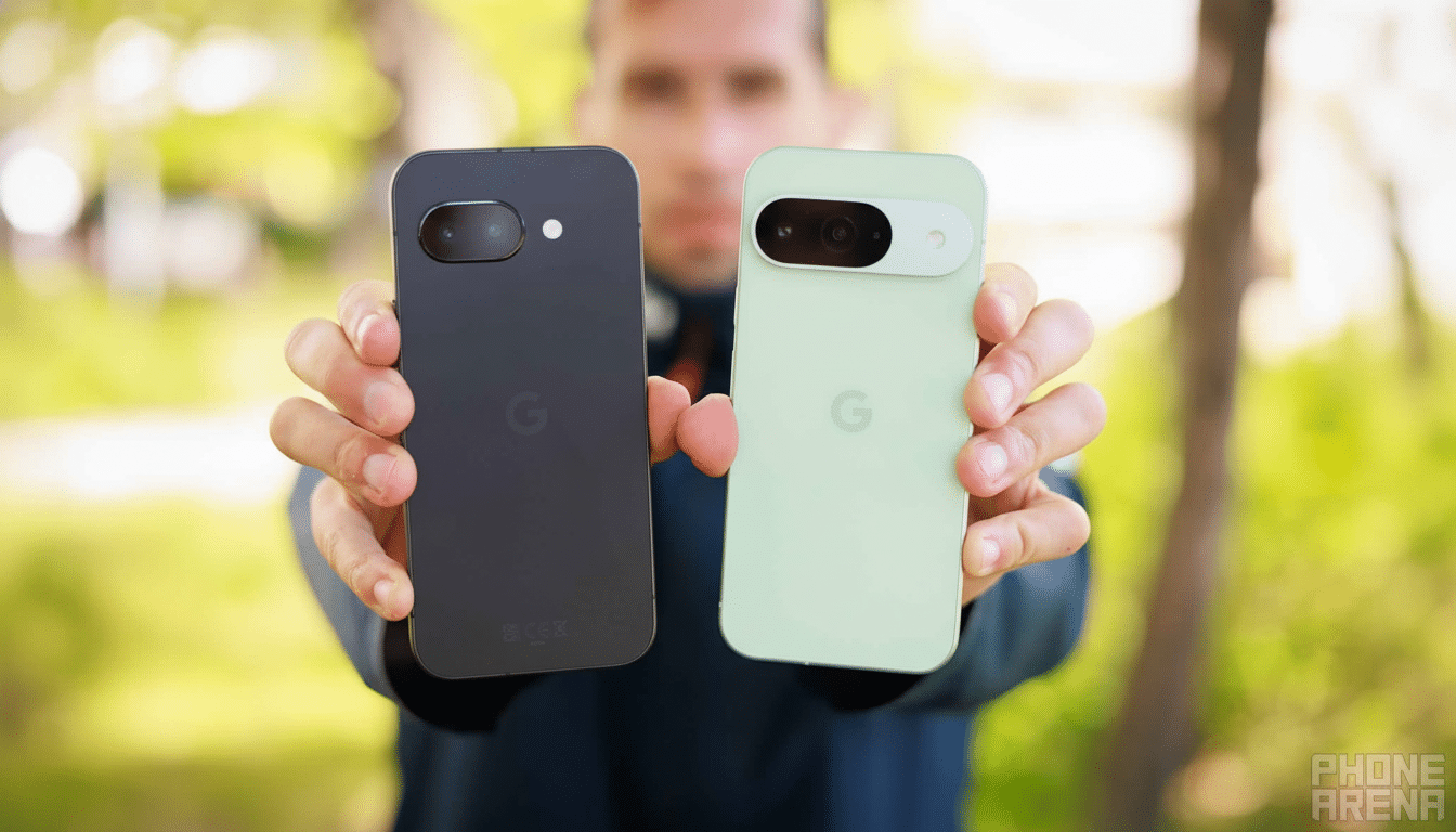 A person holding two Google Pixel phones, one black and one light green, towards the camera.