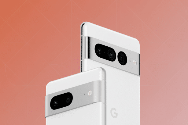 Two white Google Pixel smartphones, one slightly behind the other, set against a soft, professionally designed background with subtle geometric patter