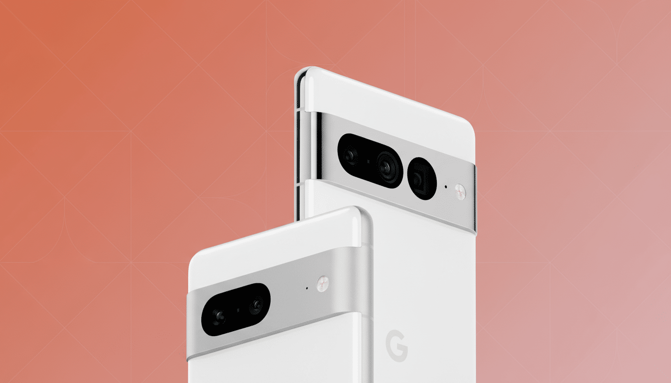 Two white Google Pixel smartphones, one slightly behind the other, set against a soft, professionally designed background with subtle geometric patter